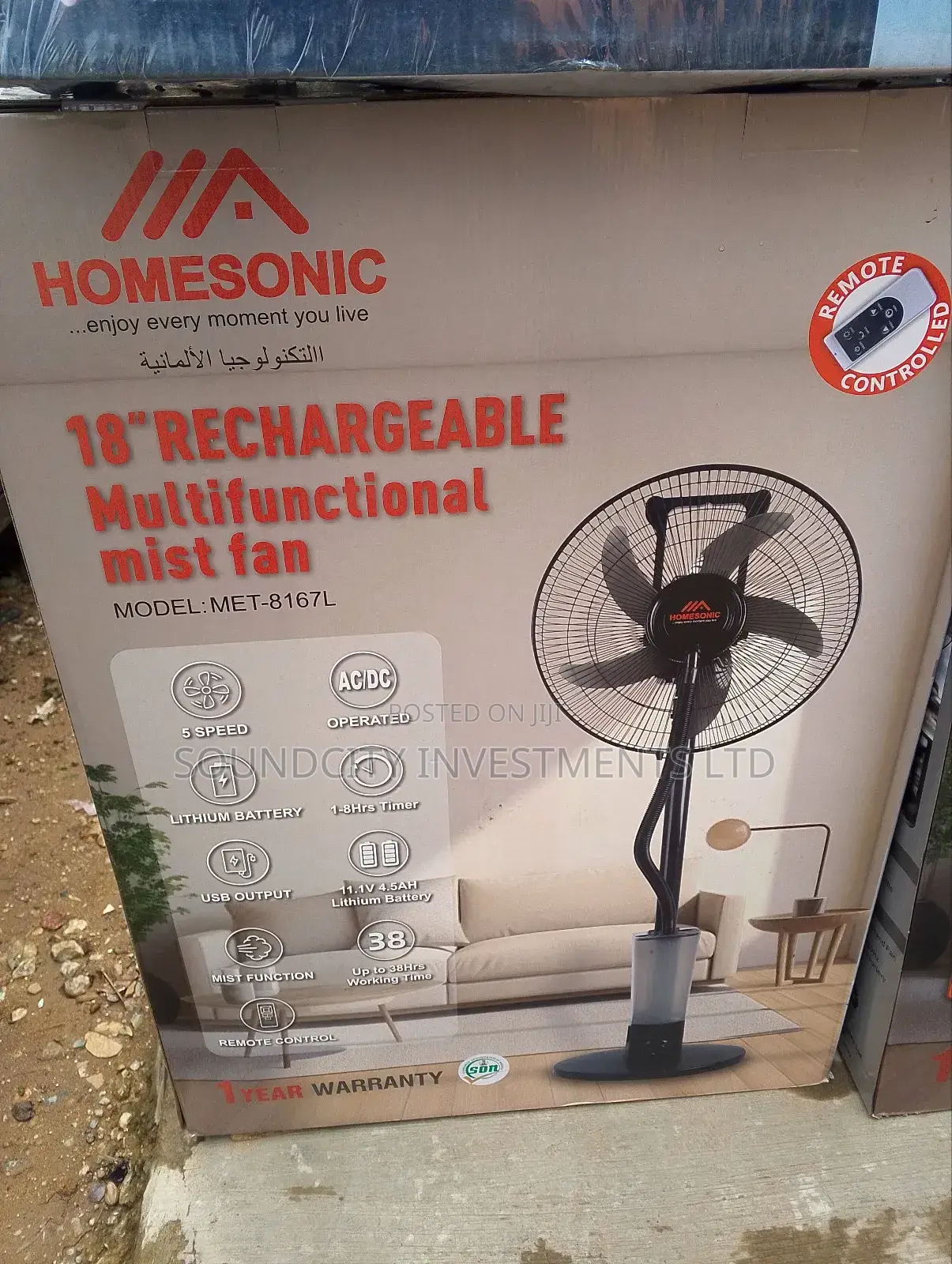 Homesonic 18" Rechargeable Room Mist Fan.
