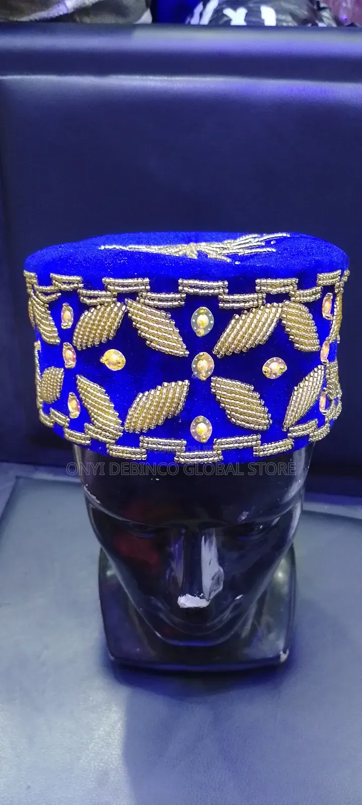 Blue and Gold Bead Igbo Edo Traditional Wedding Cap for Men
