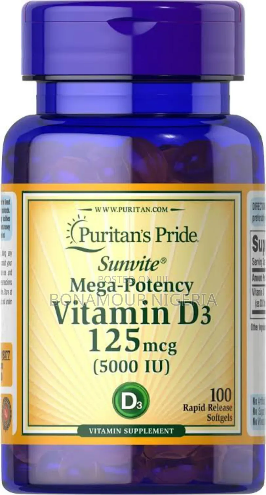 Puritan's Pride Vitamin D3 125mcg (5000iu) X100 Softgels