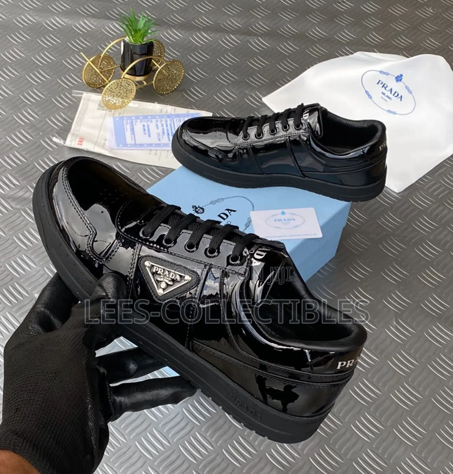 New Prada Shinny Leather Unisex Sneakers