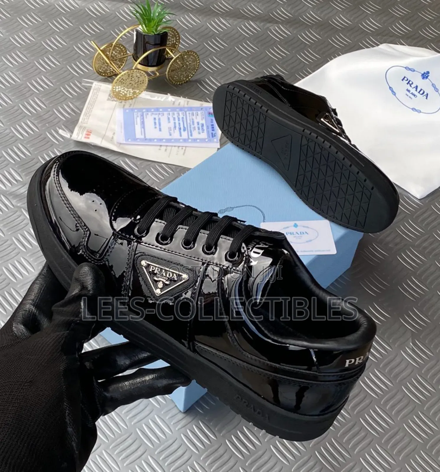 New Prada Shinny Leather Unisex Sneakers
