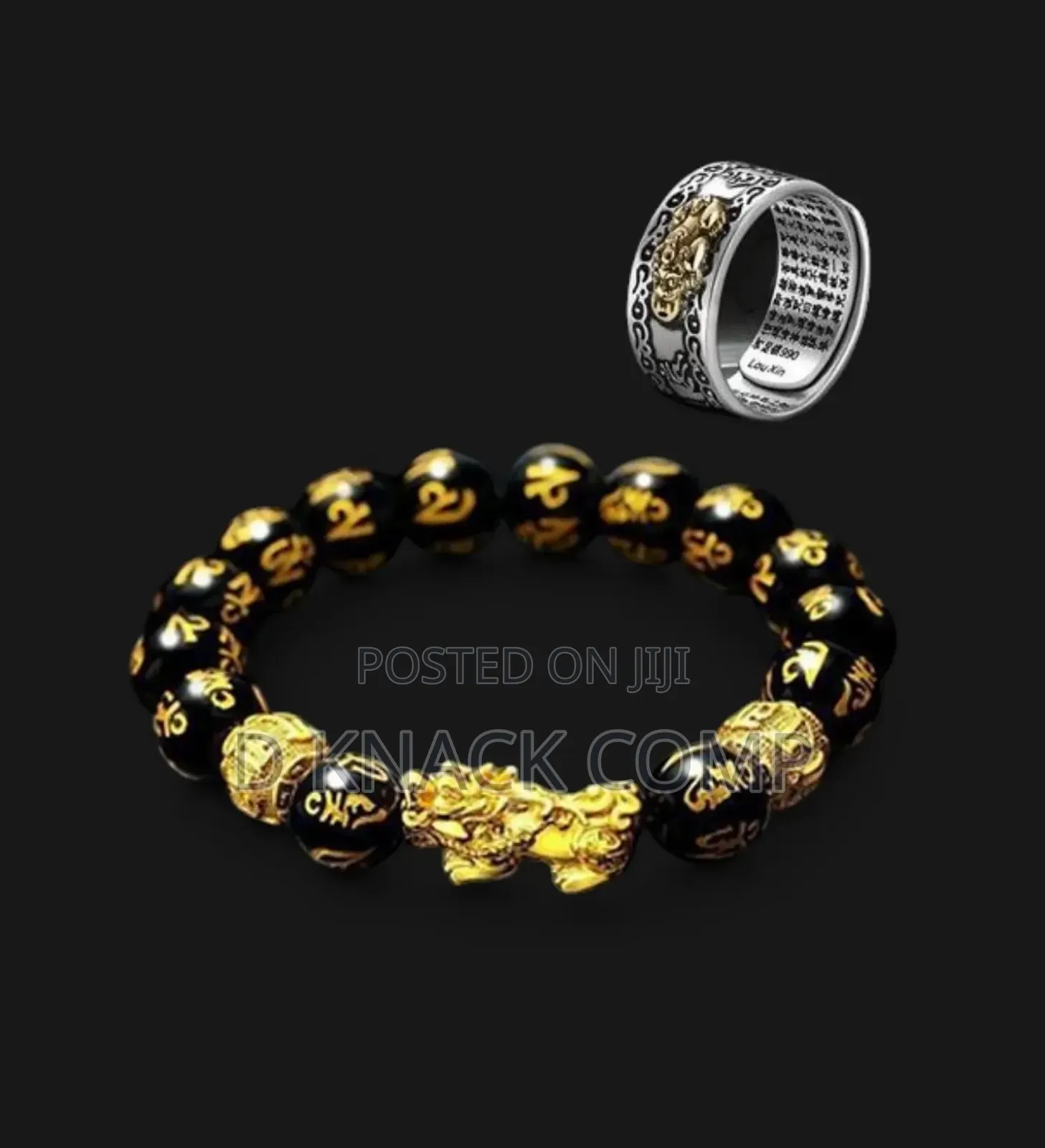 Feng Shui Pixiu Obsidian Stone Wealth Bracelet Ring Set