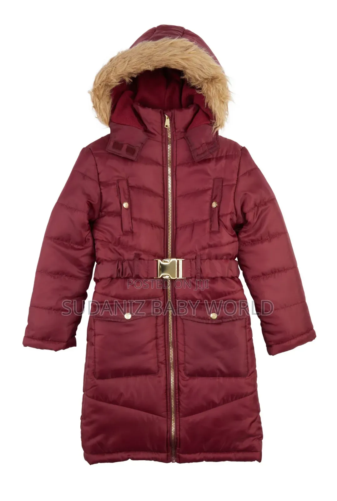 Girls Zip Front Hooded Puffer Jacket - Wine