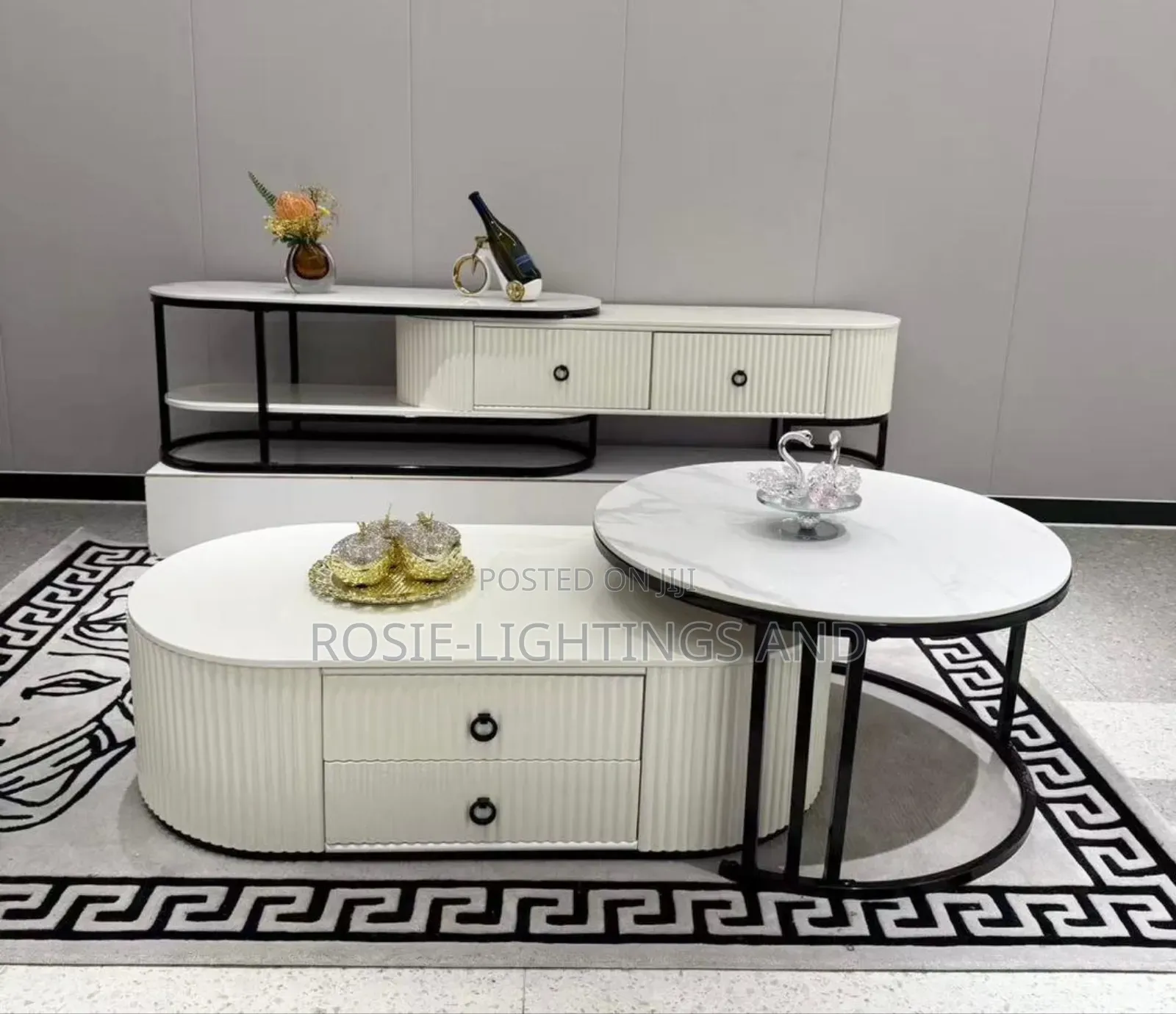 Set of Living Room Wooden Marble Center Table With Tvstand