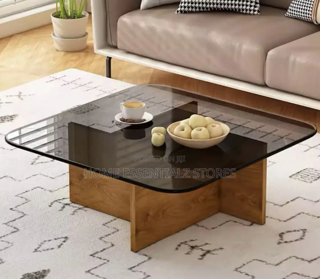 Glass Top Wooden Base Designed Center Table