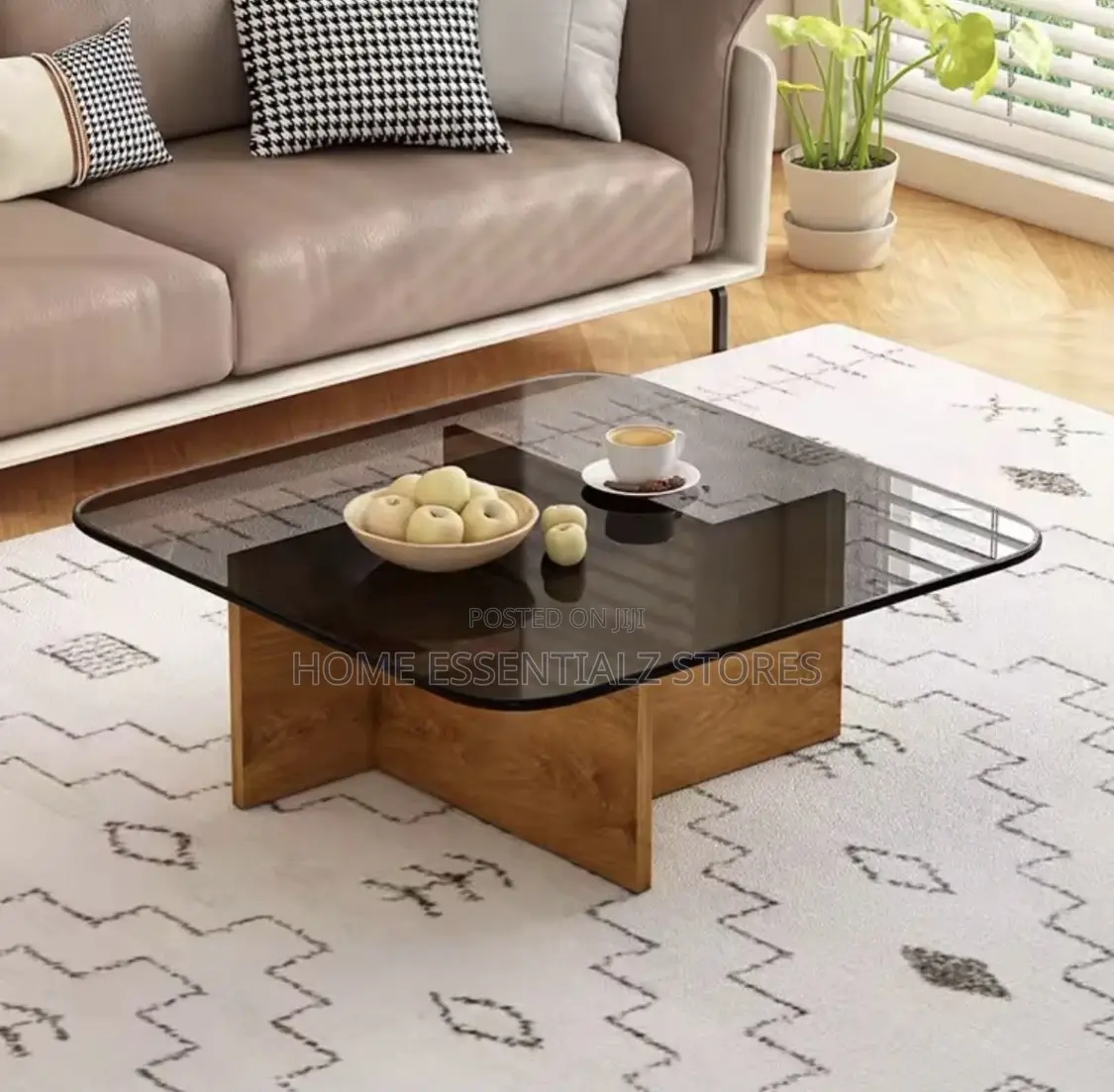 Glass Top Wooden Base Designed Center Table