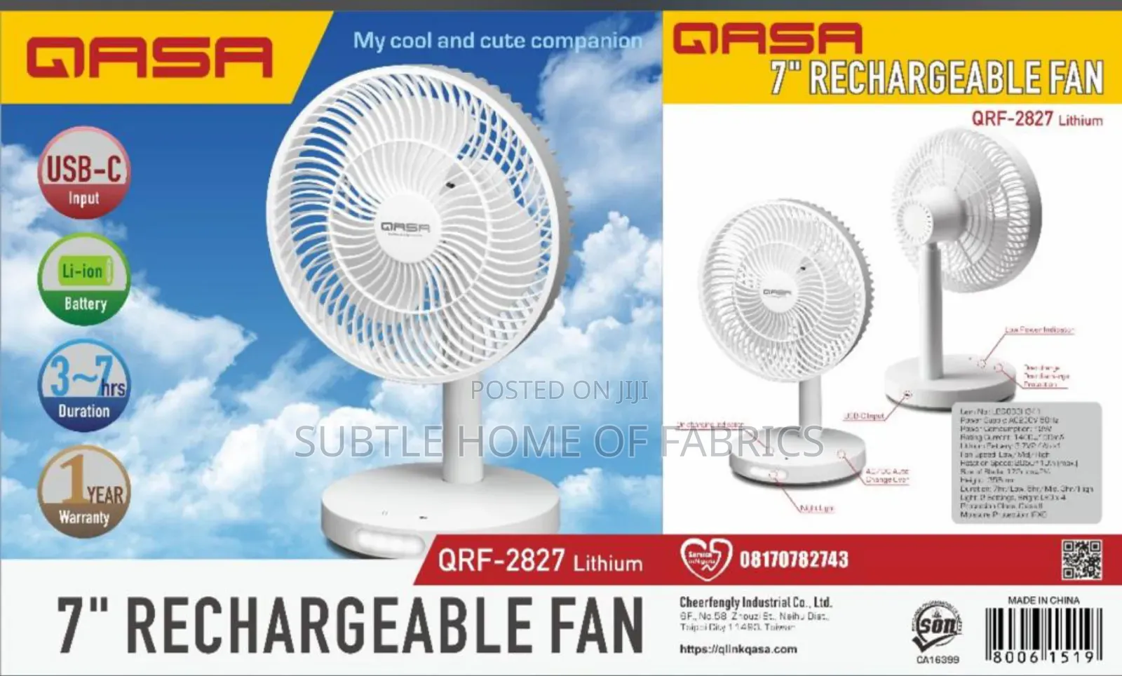 7" Qasa Rechargeable Fan - QRF 2827