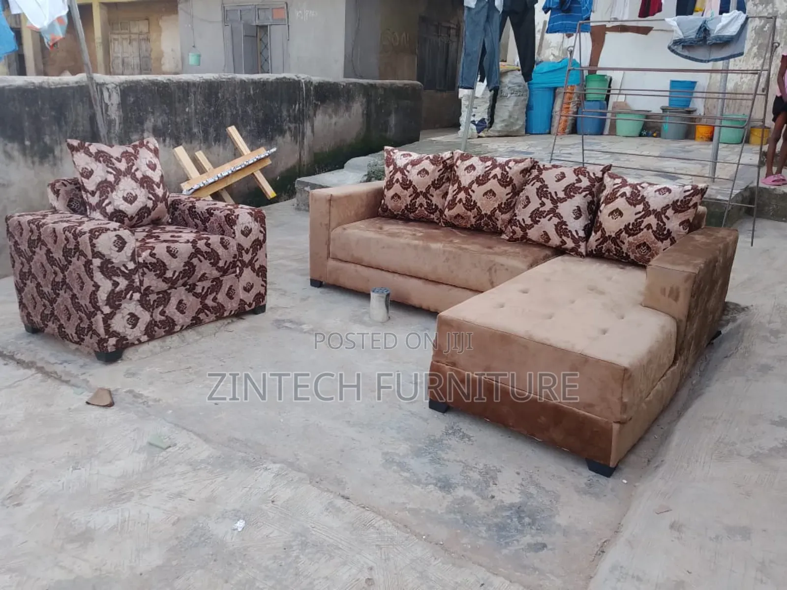 Brown Fabric L Shape Sofas
