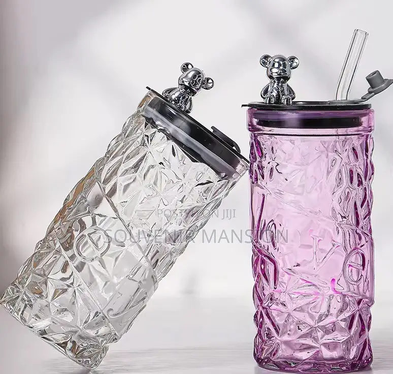400ml Glass Tea / Coffee Cup With Straw and Bear Head
