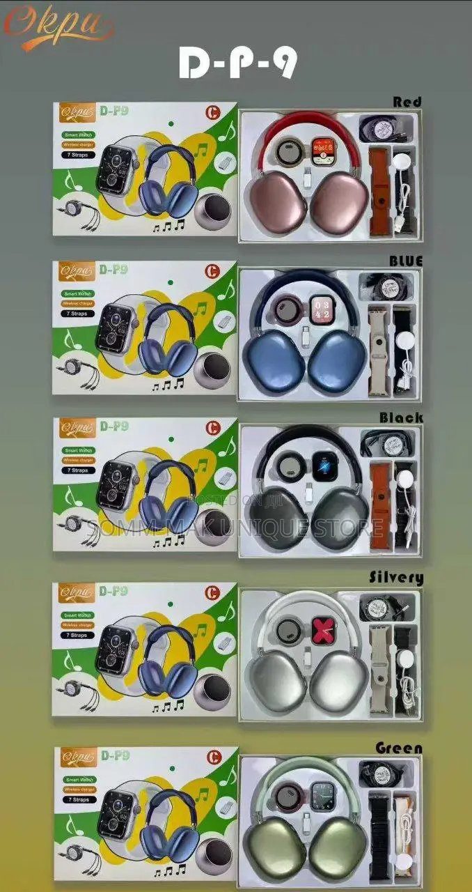 D-P9
Smart Watch, Headset, 3in1 Fast Charger, 1 Speaker ,Etc