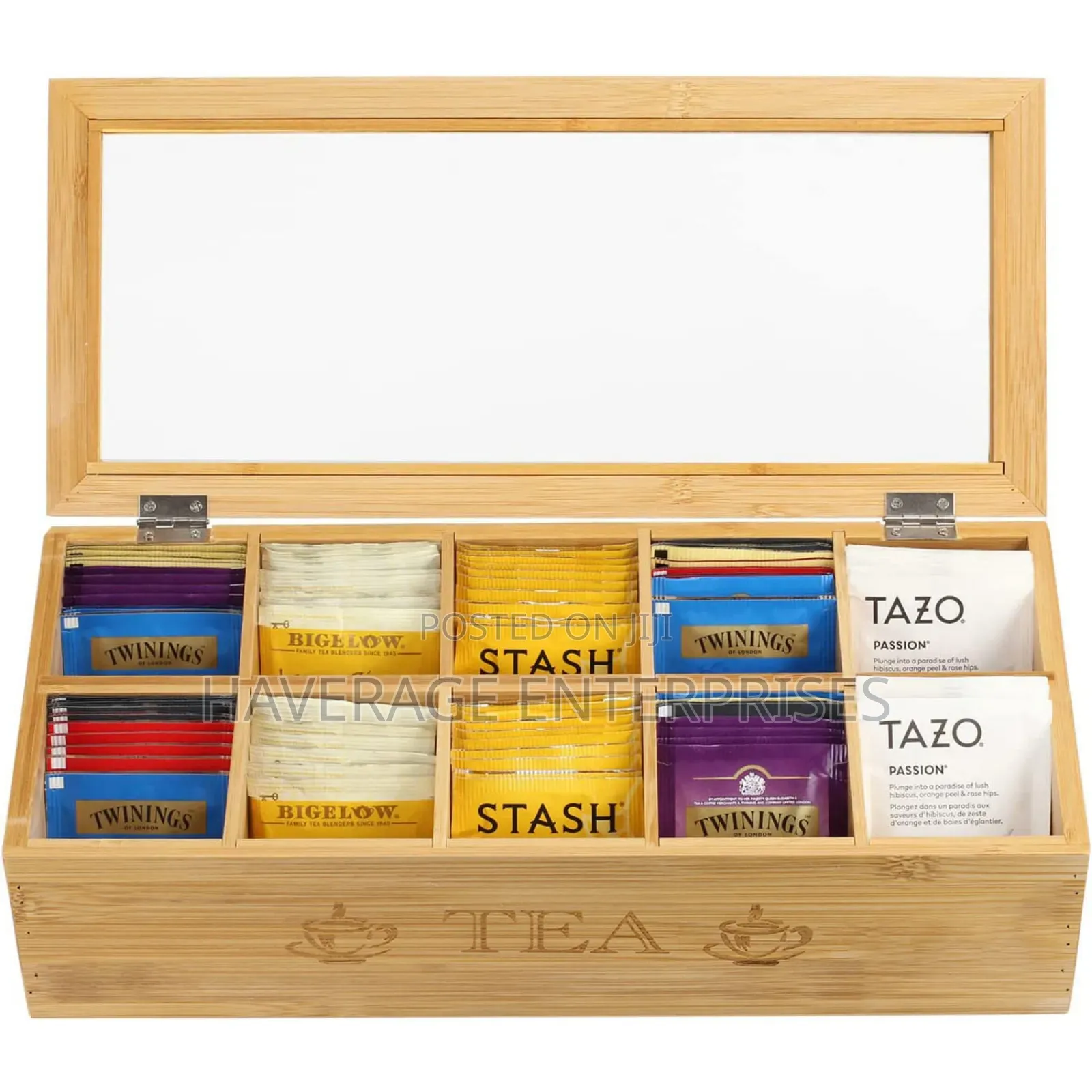 10 Compartments Bamboo Chai Tea Storage Box With Acrylic Lid