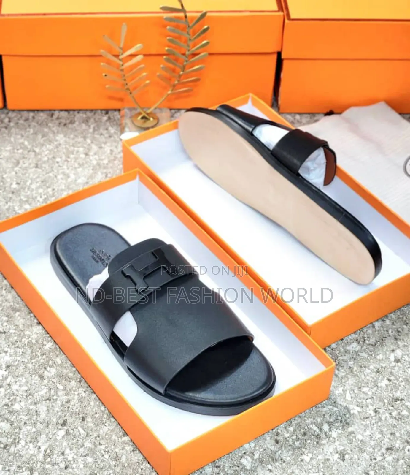 Hermes Leather Black Slippers
