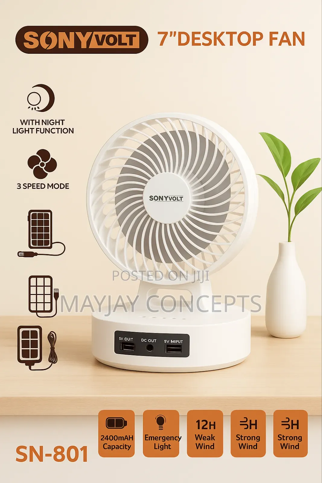 7" 3-in-1 Sonyvolt Solar Rechargeable Table Fan+Panel+2bulbs