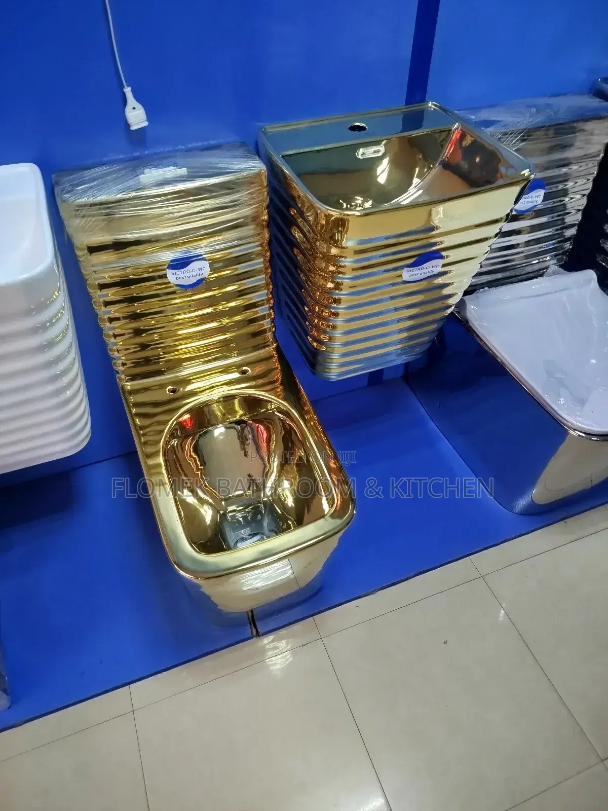 Gold Water Closet With Wall Hung Basin.