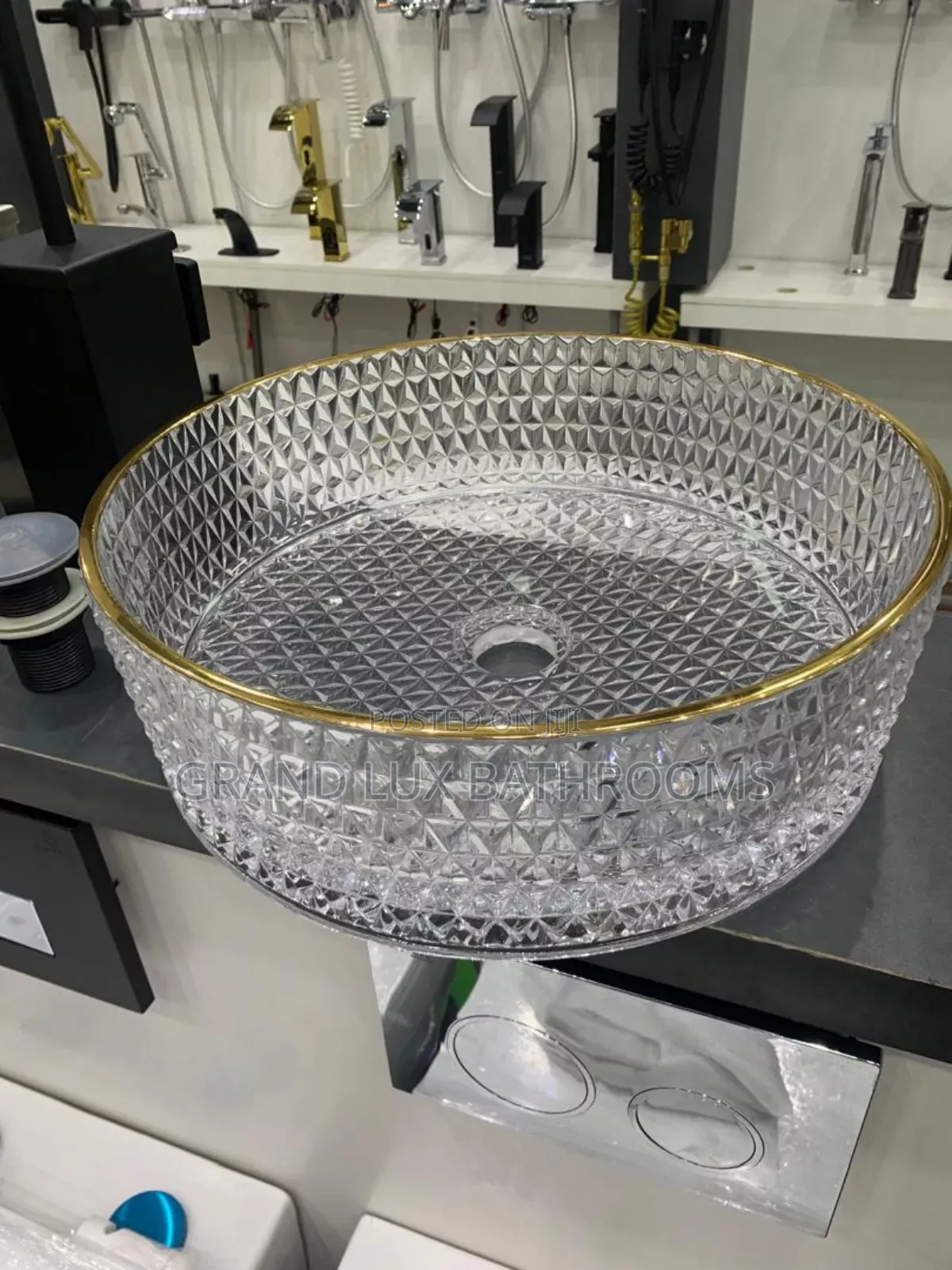 Crystal Diamond-Cut Glass Countertop Basin With Gold Rim