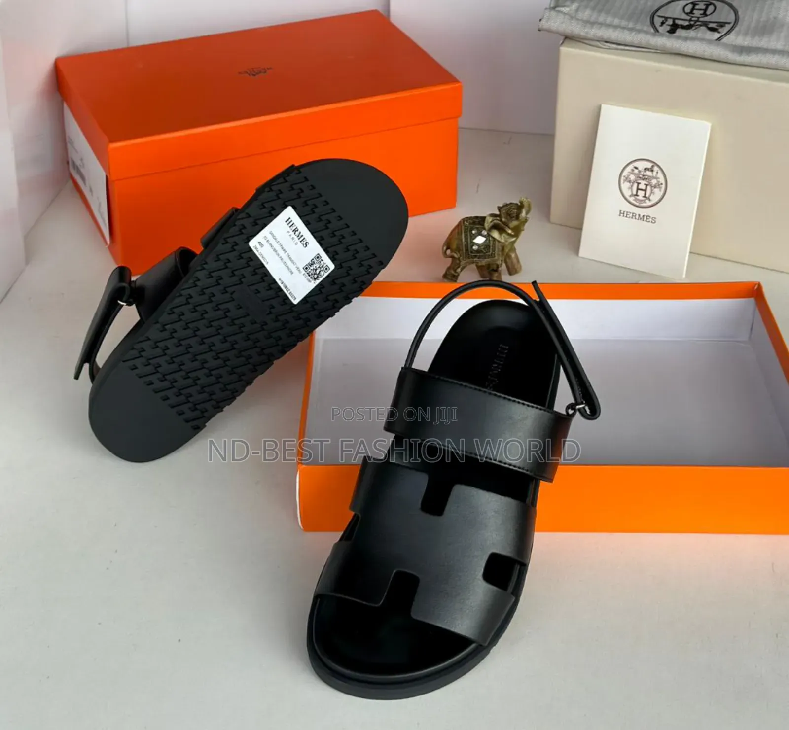 Black Leather Hermes Sandals