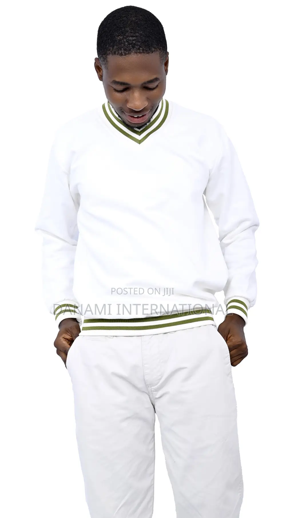 Men's v-Neck Sweatshirt- Off-White With Stripped Ribbing