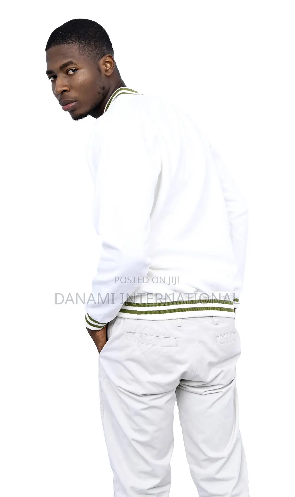 Men's v-Neck Sweatshirt- Off-White With Stripped Ribbing