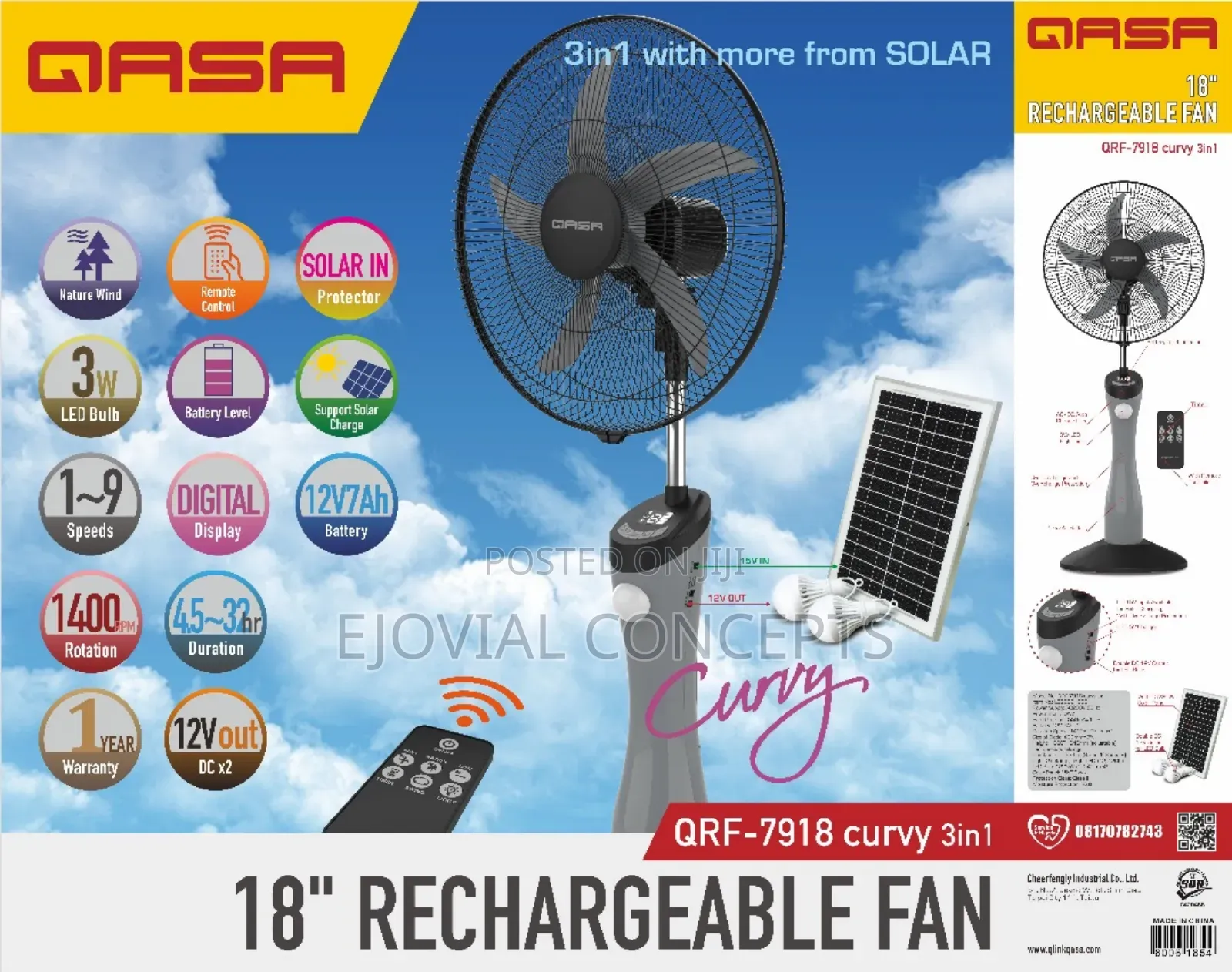 Qasa 18" Rechargeable Fan With Solar Panel and Bulbs