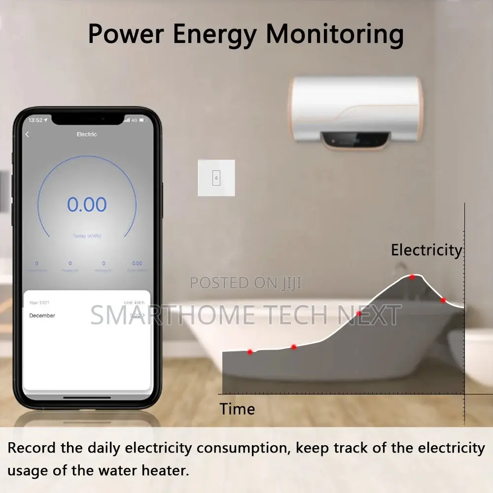 20a Smart Ac/Water Heater Wifi Switch Black, Energy Monitor