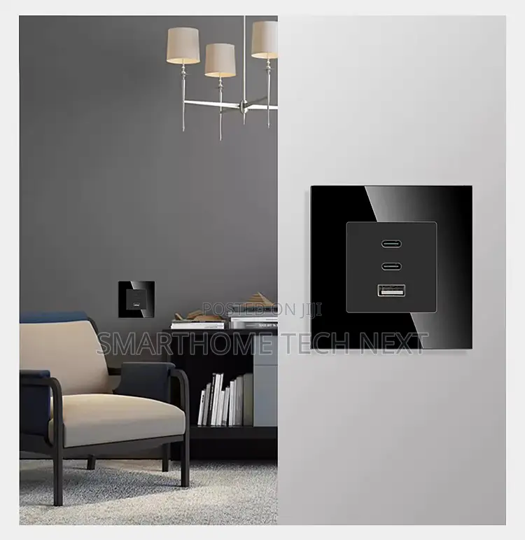 65w Super Fast Charging Usb Wall Socket – Black Glass
