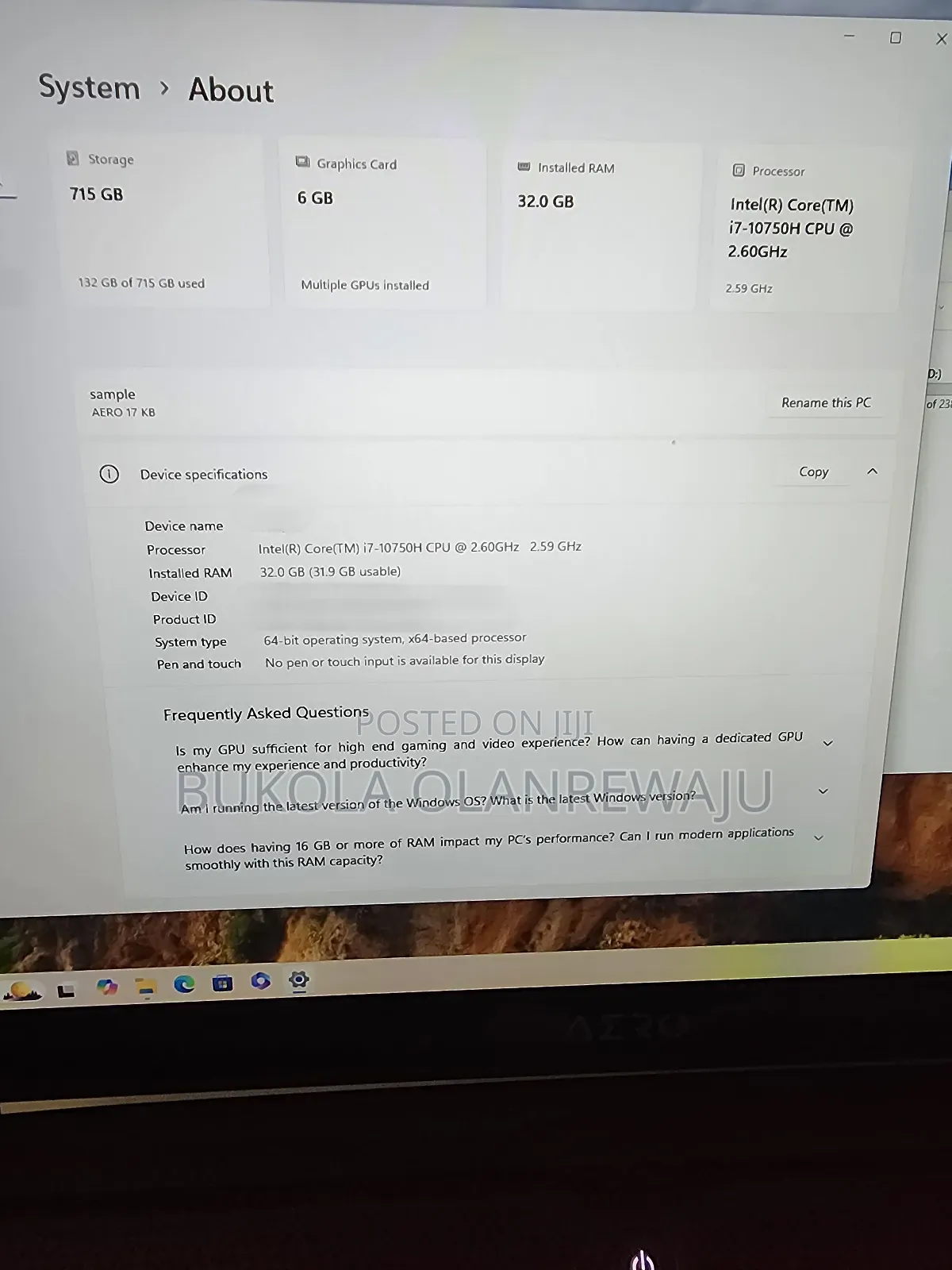 Laptop Gigabyte AORUS 17G 32GB Intel Core I7 SSD 1T