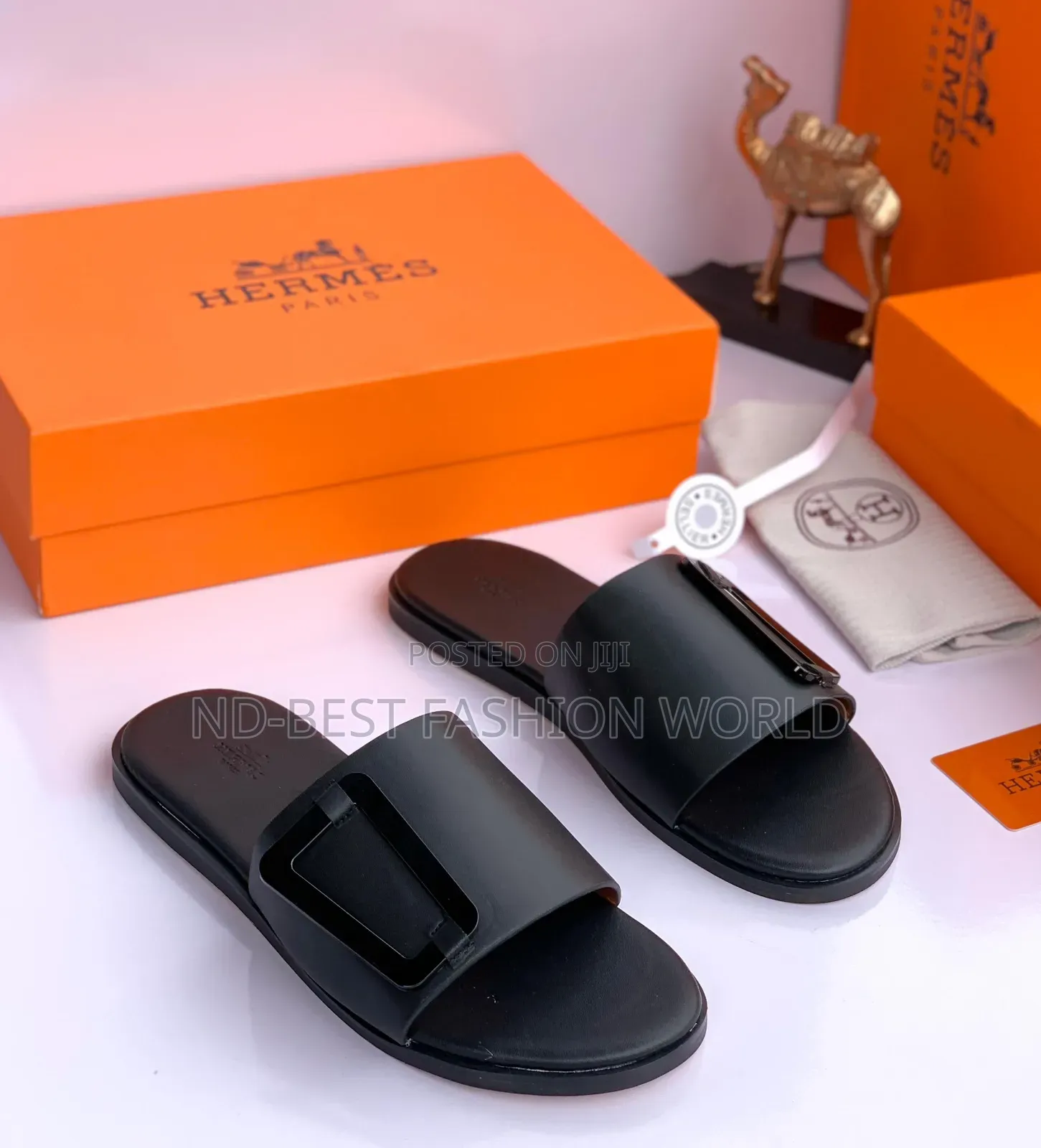 Black Leather Hermes Slippers