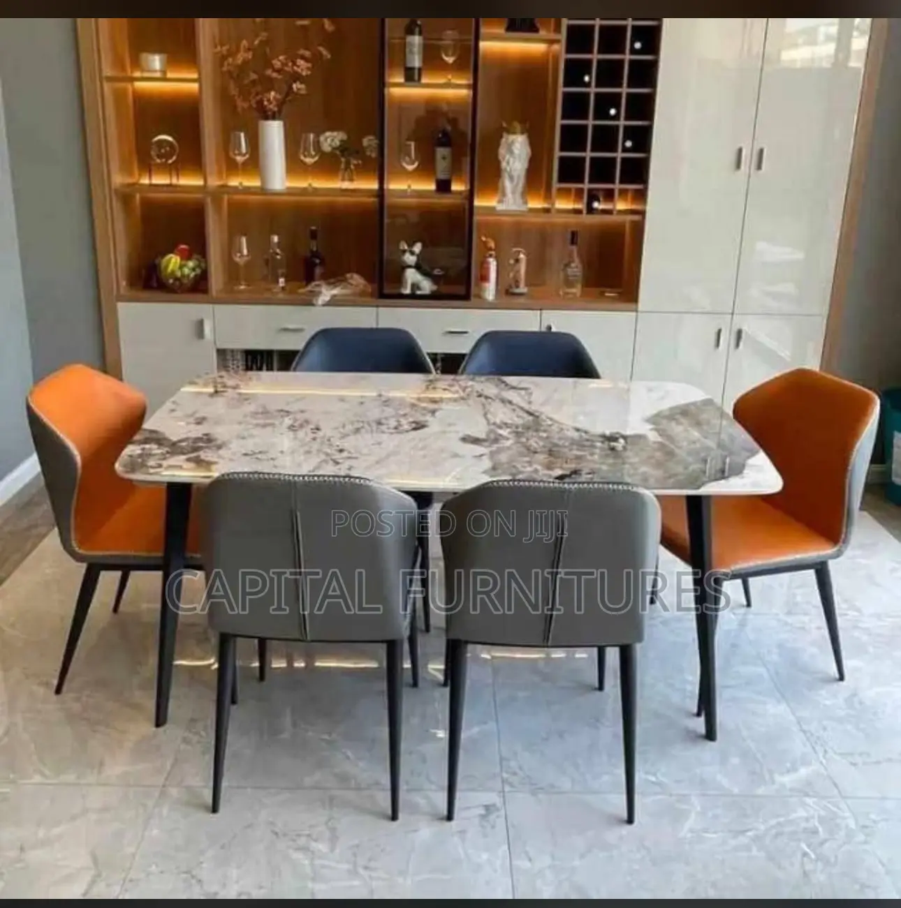 Imported Marble Dinning Table With 6 Leather Foreign Chairs