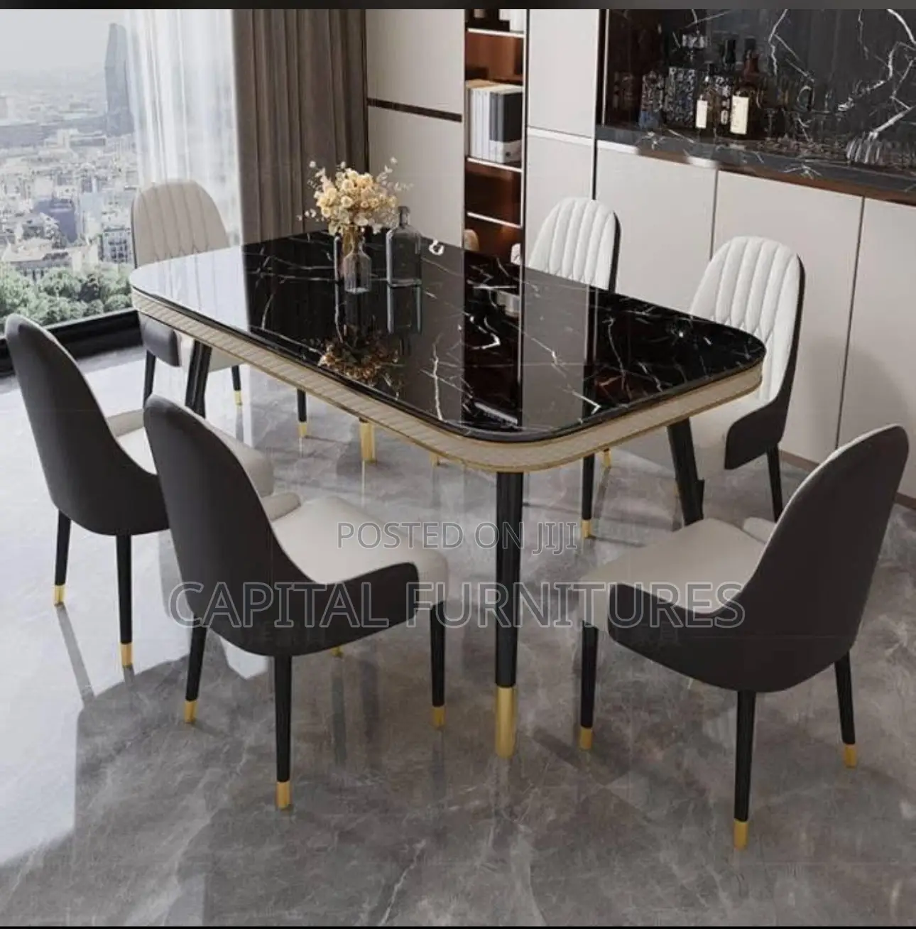 Imported Marble Dinning Table With 6 Leather Imported Chair
