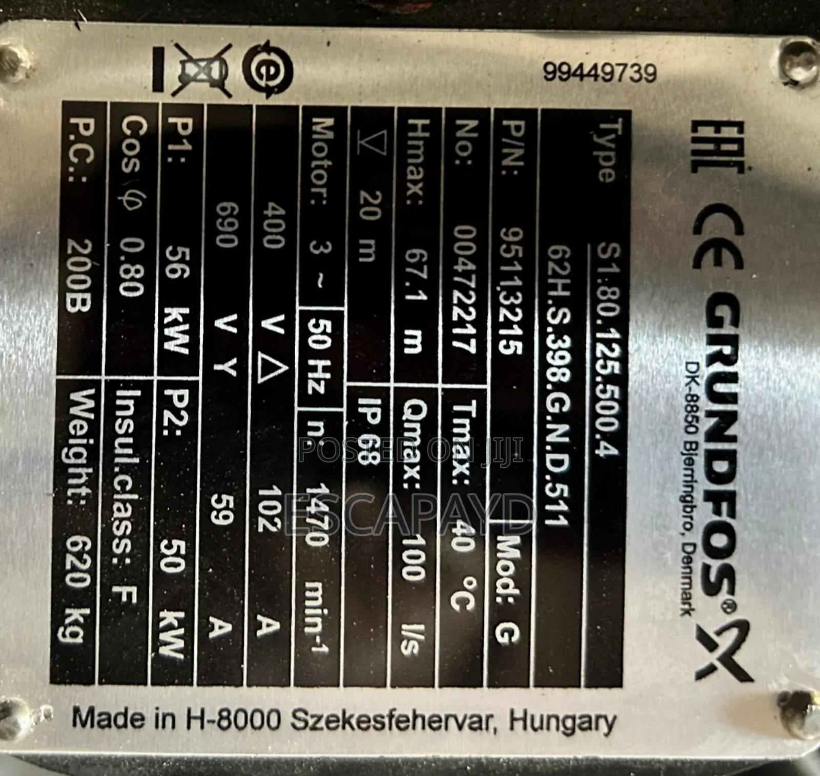 Grundfos Submersible Pump – 56kw, 100 L/S, Ip68