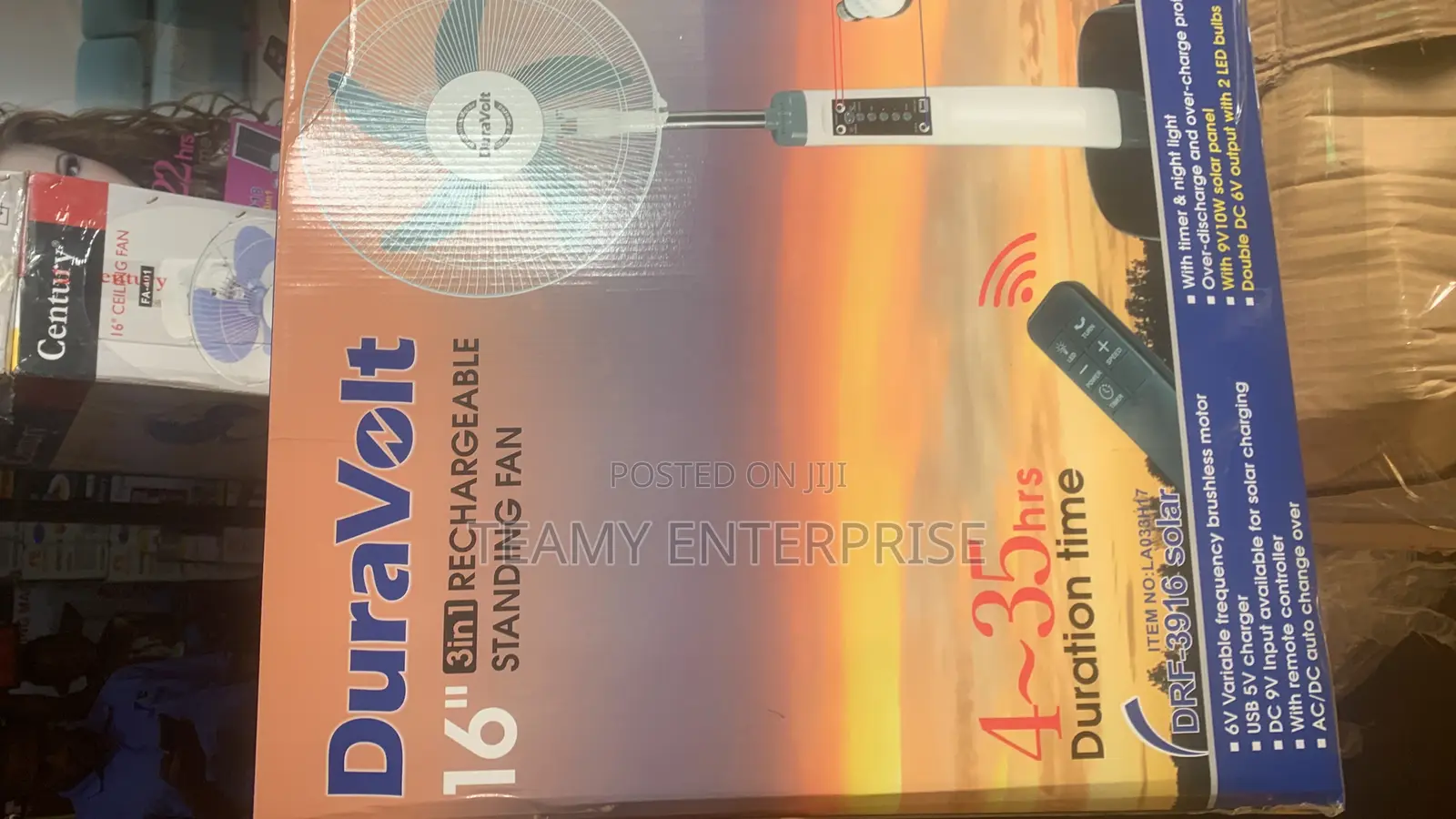16” Duravolt Rechargeable Standing Fan -3in1 Solar With Bulb