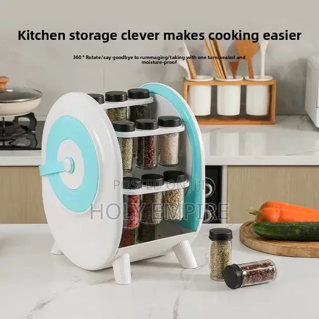 Rotating Glass Spice Rack Kitchen Storage Shelf Full Set