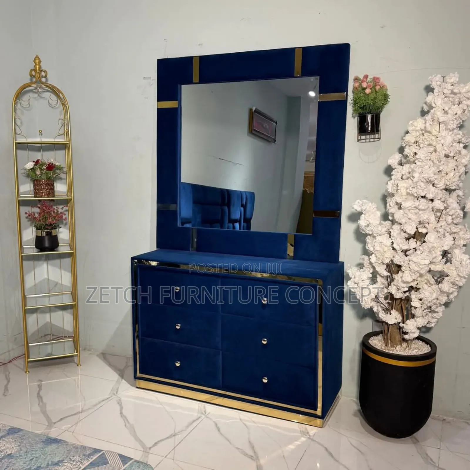 Standard Navy Blue Padded 6x6 Bedframe and Dresser