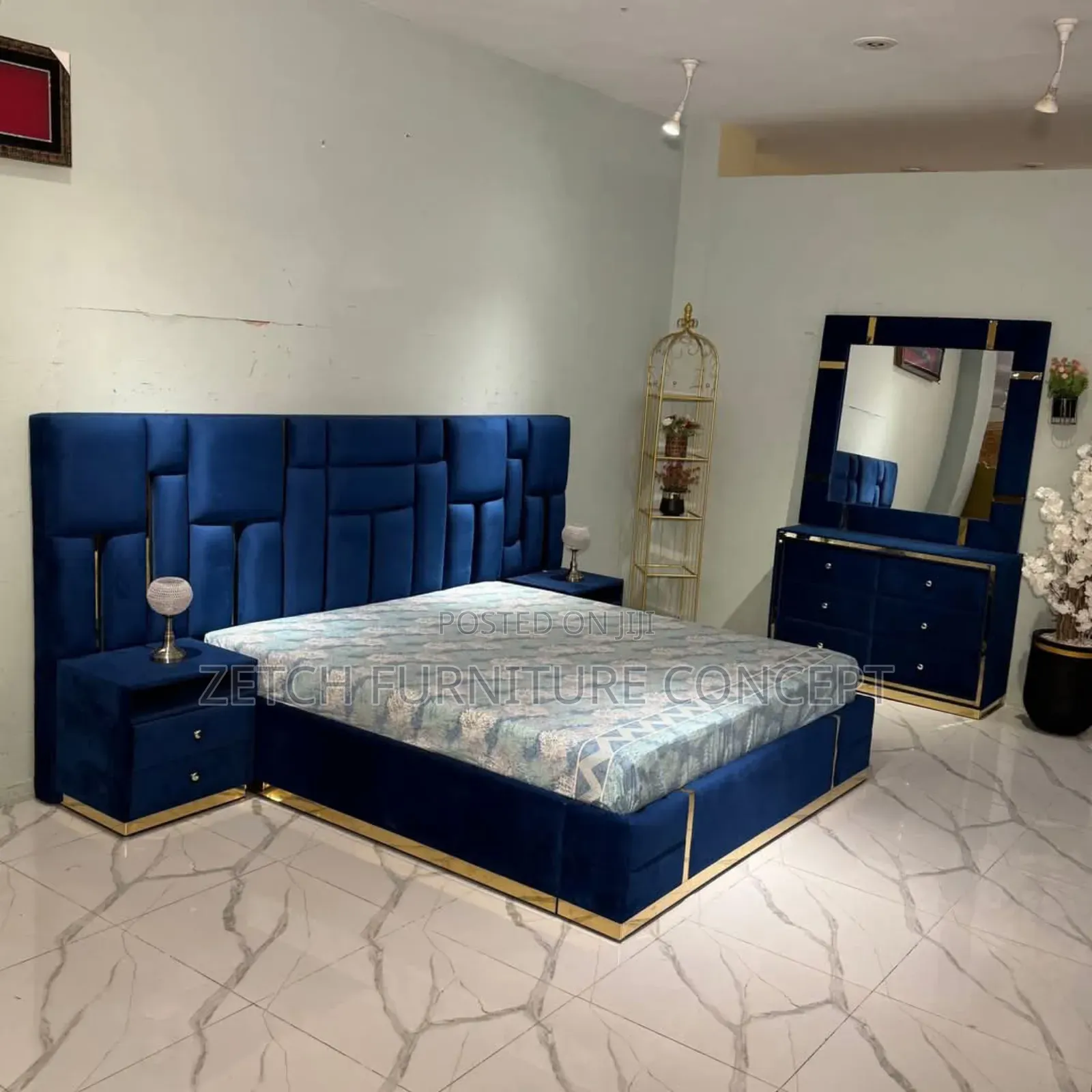 Standard Navy Blue Padded 6x6 Bedframe and Dresser