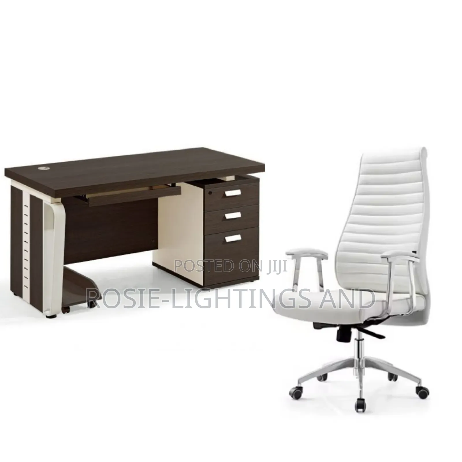 A Set of Office Table With White Executive Leather Chair