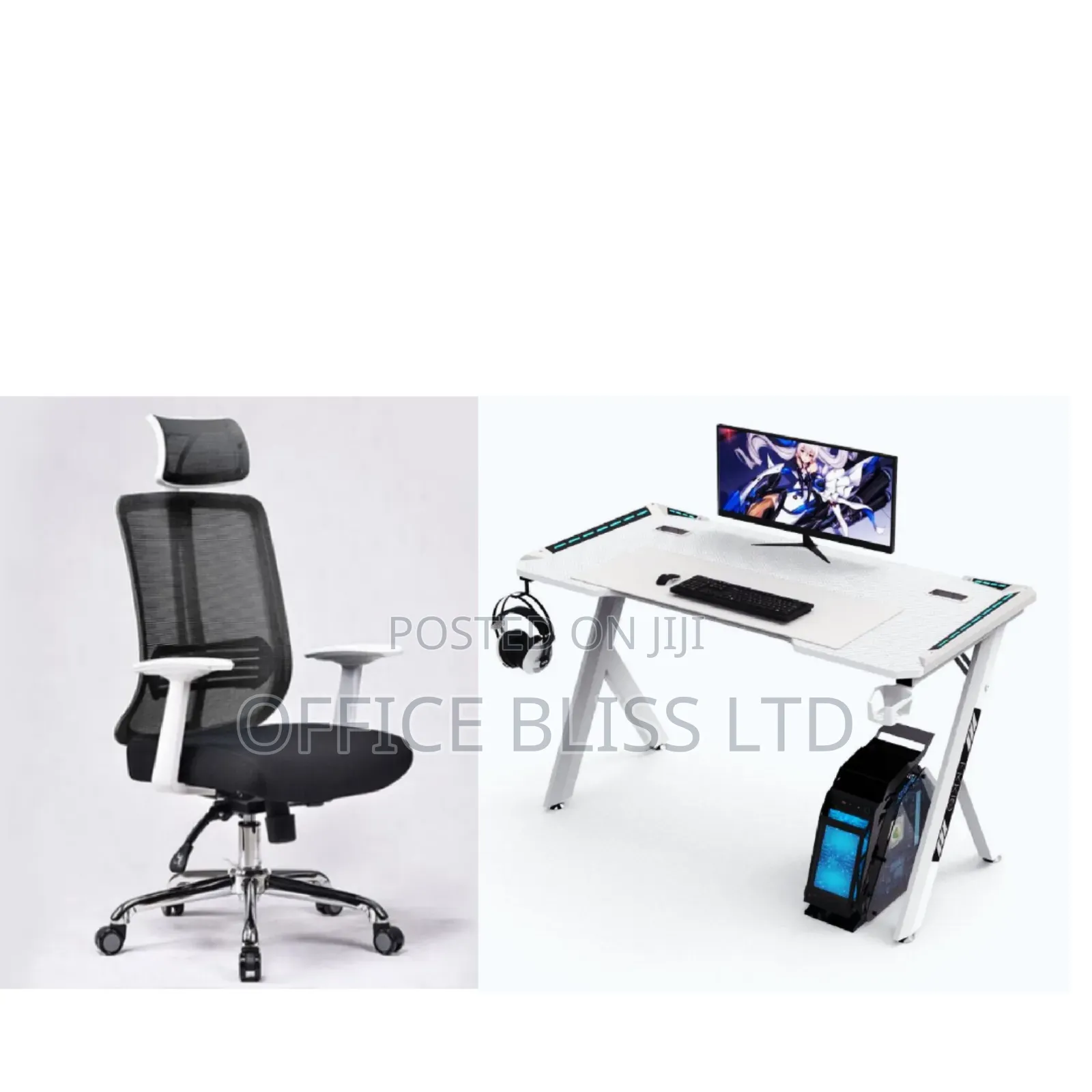 White Gaming Table With Swivel High Back Office Chair