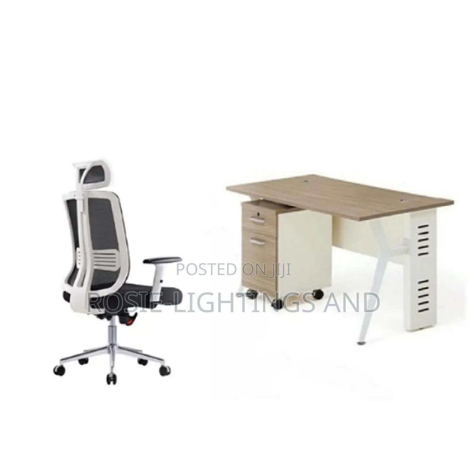 A Set Of Office Table With White High Back Swivel Chair