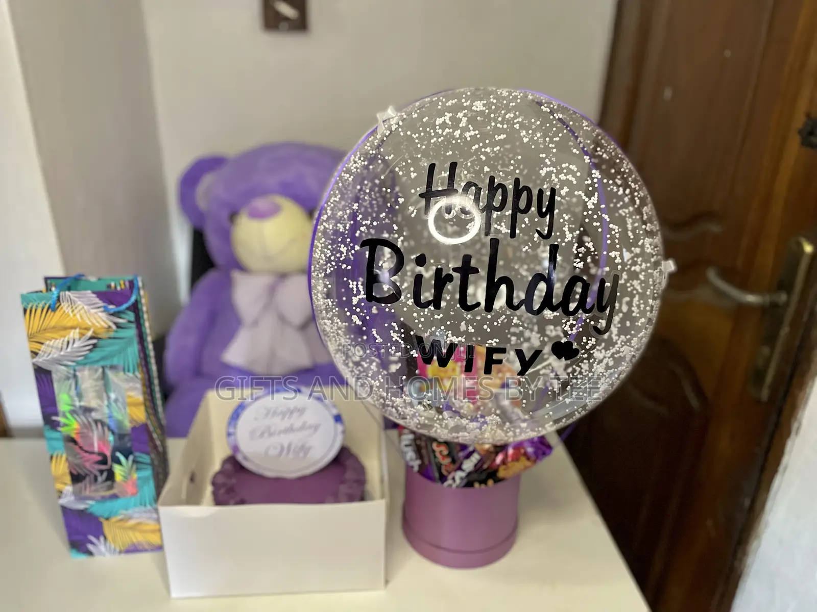 Balloon Treats Box, Teddy Bear, Cake and Wine Package