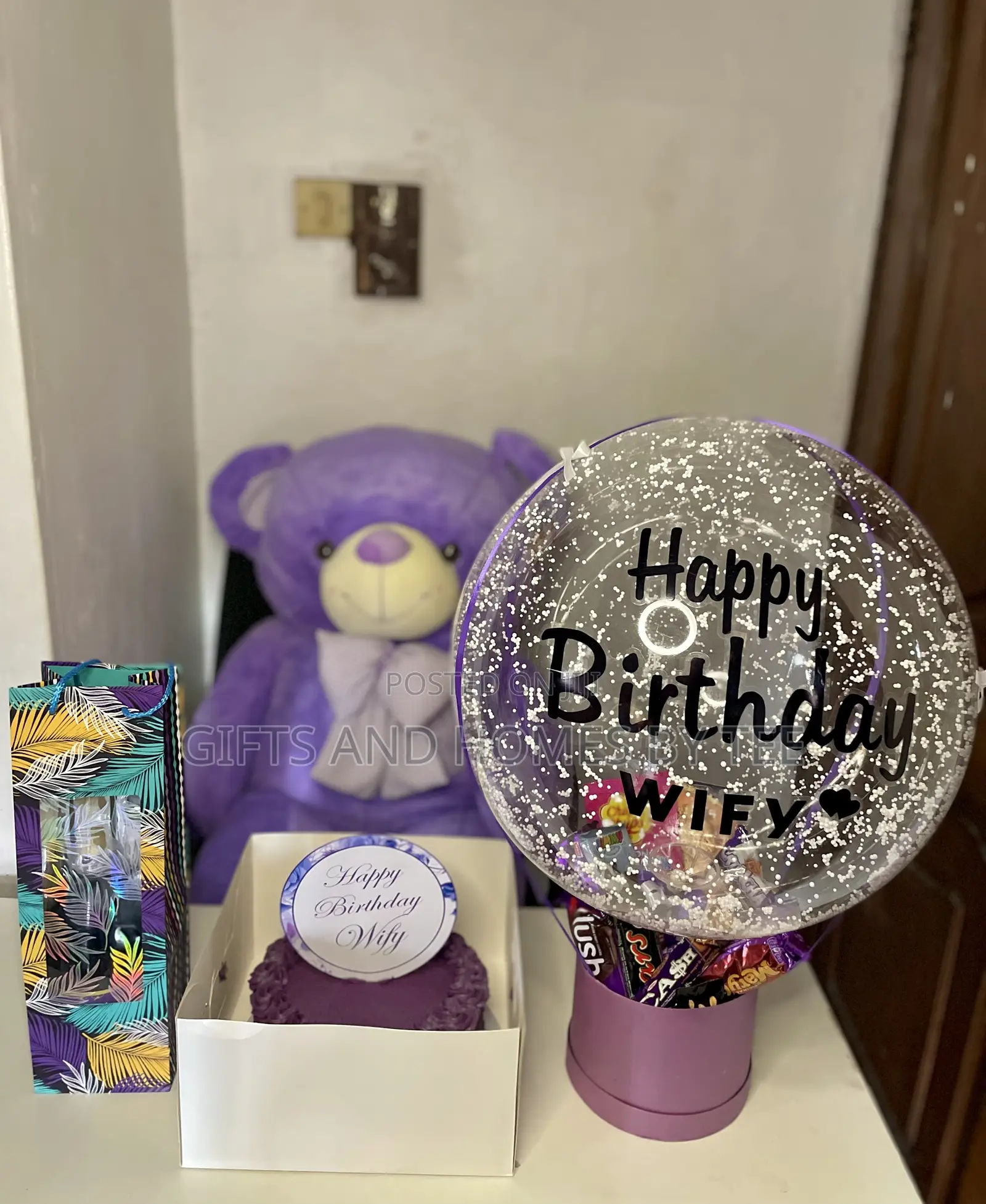 Balloon Treats Box, Teddy Bear, Cake and Wine Package