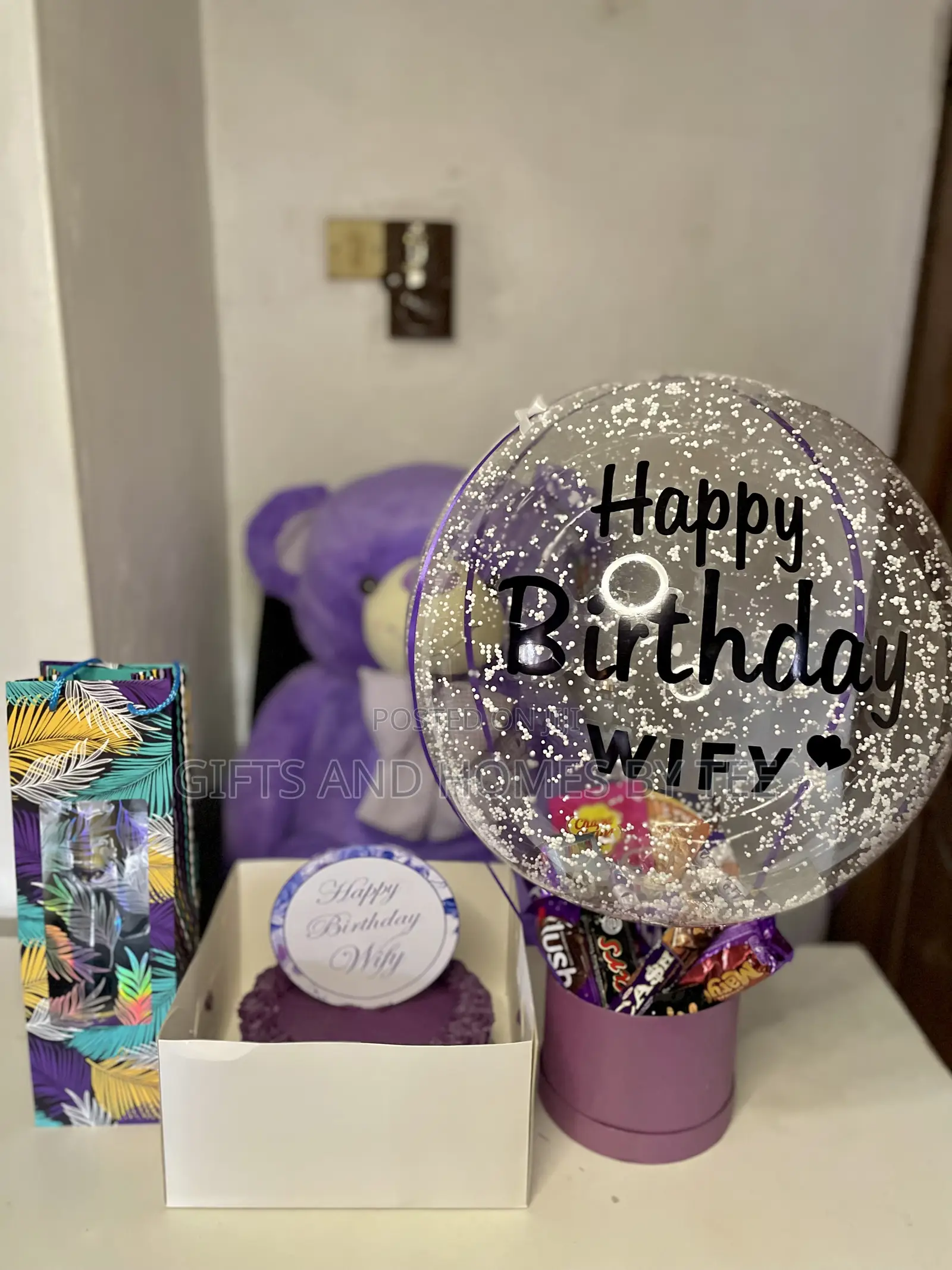Balloon Treats Box, Teddy Bear, Cake and Wine Package