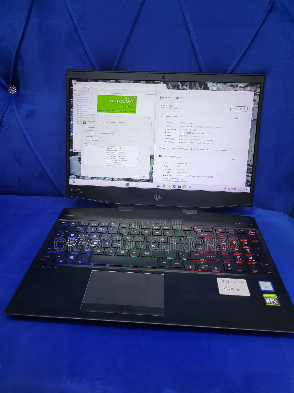 Laptop HP Omen 15-dh002nr 16GB Intel Core i7 SSD 512GB
