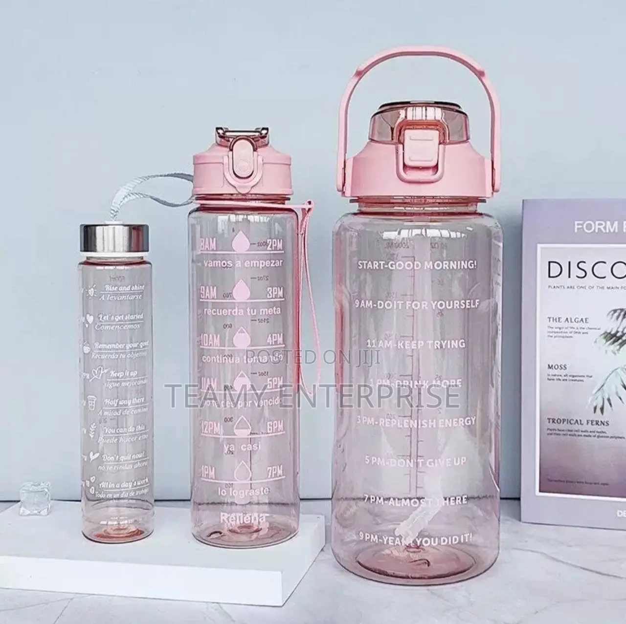 3 Pieces Transparent Water Bottle -3 Sizes in One With Straw