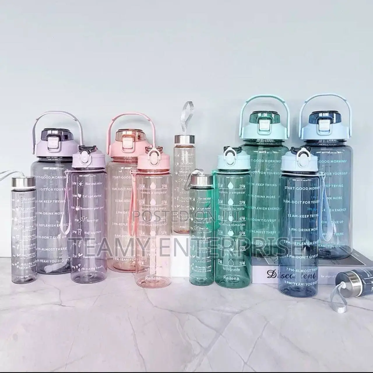 3 Pieces Transparent Water Bottle -3 Sizes in One With Straw