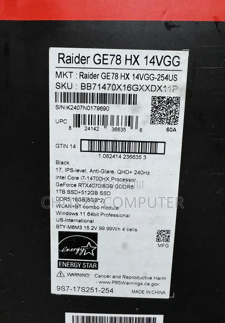 New Laptop MSI Raider GE78HX 16GB Intel Core I7 SSD 1.5T