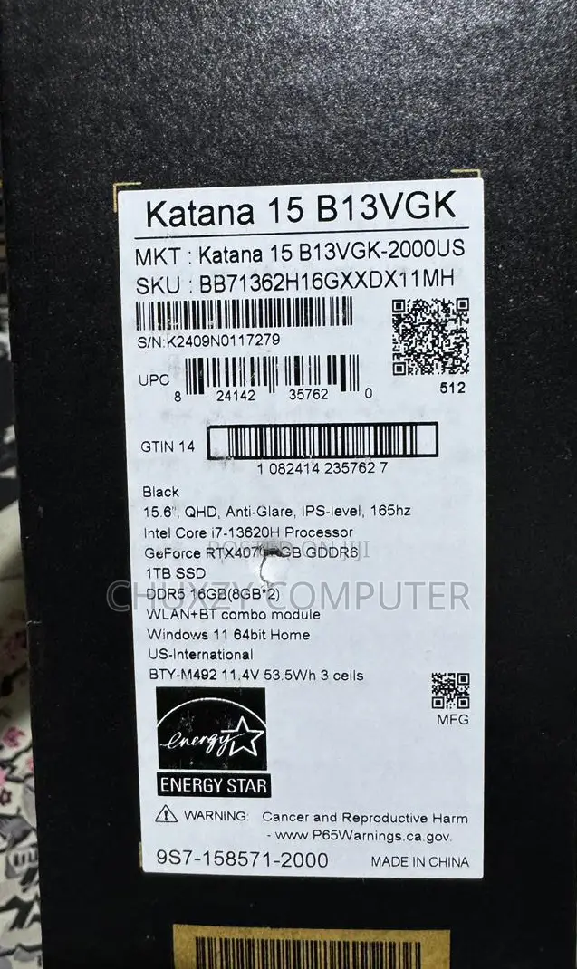 New Laptop MSI Katana 15 16GB Intel Core I7 SSD 1T