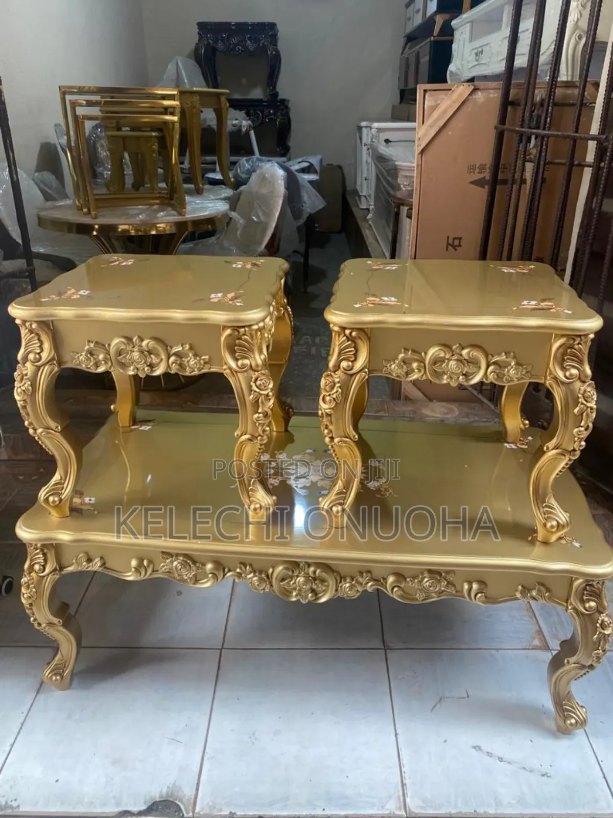 Golden Center Table With Two Sides Stool