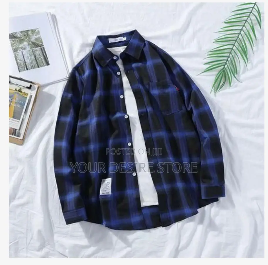 Men's Long Sleeve Plaid Shirt- Blue