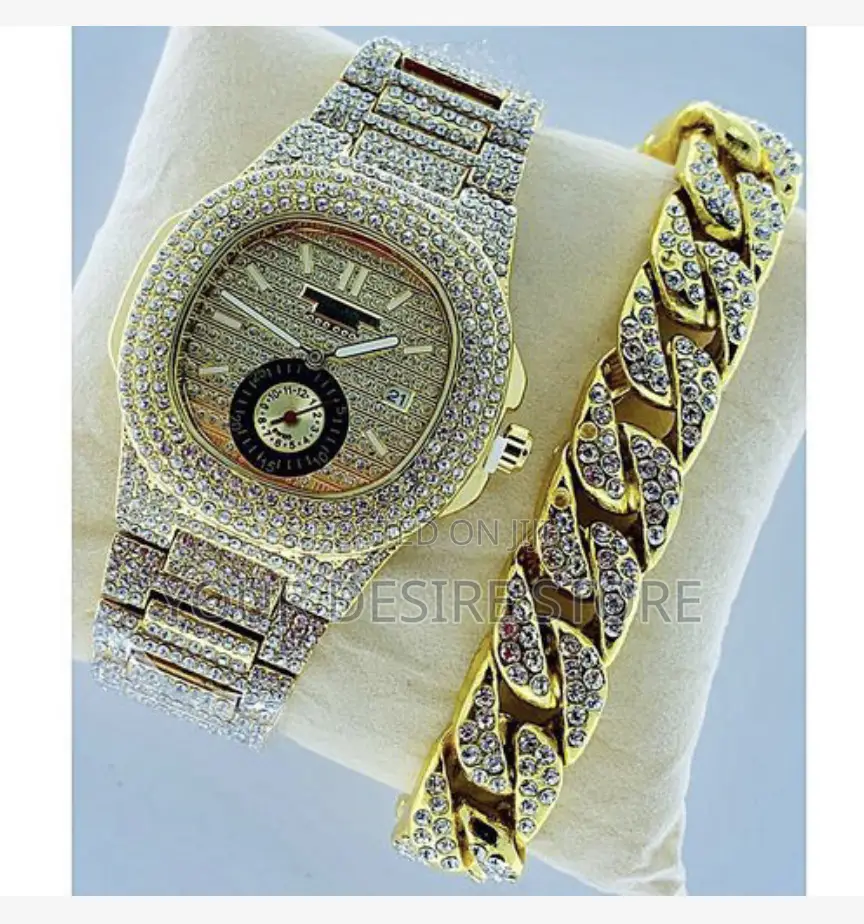 Stone Iced Men's Wristwatch With Hand Chain-Gold