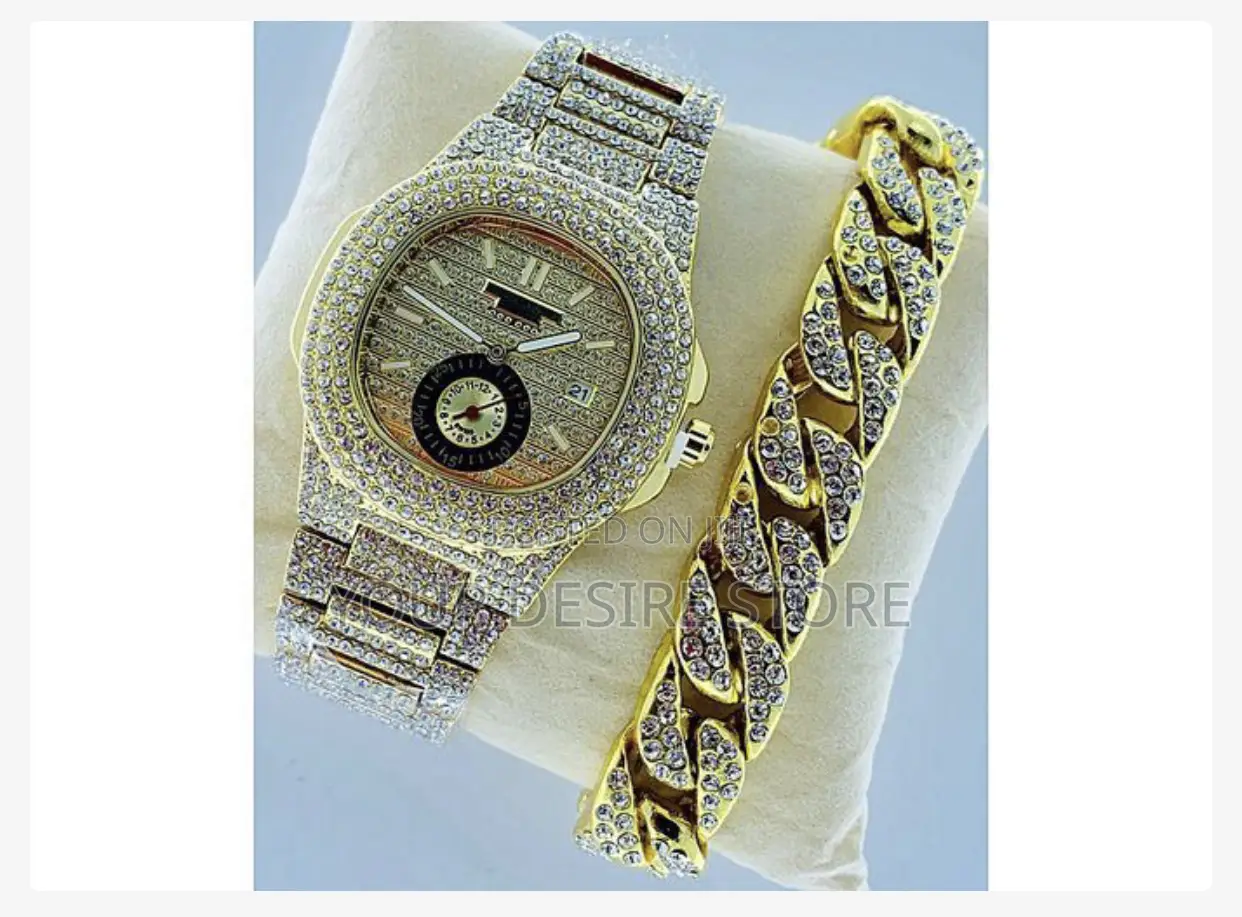 Stone Iced Men's Wristwatch With Hand Chain-Gold