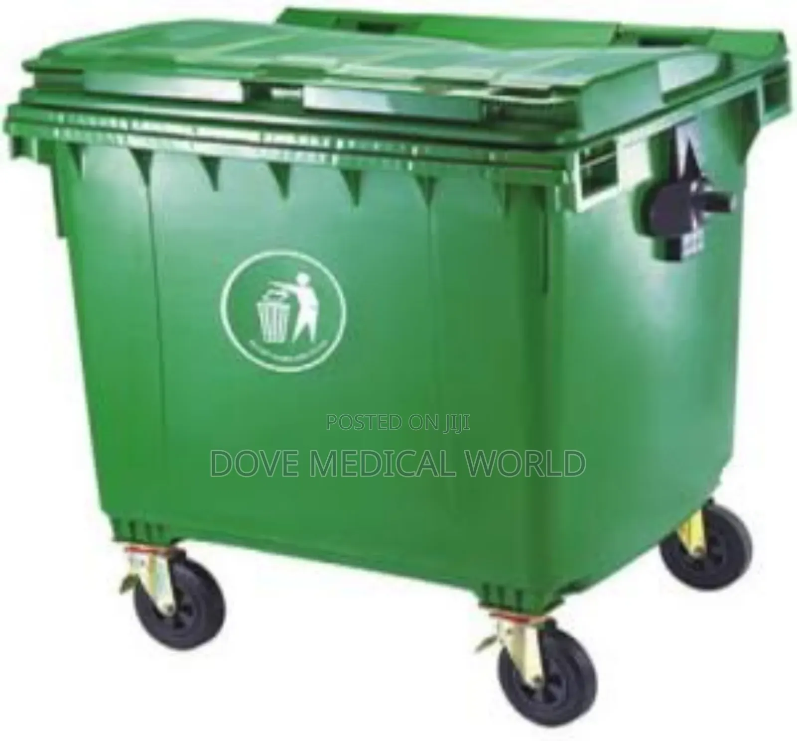 1,100 Litre Plastic Waste Bin Rolling on 4 Wheels